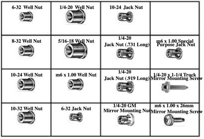 185023 WELL NUTS, JACK NUTS & MIRROR MOUNTING SCREWS