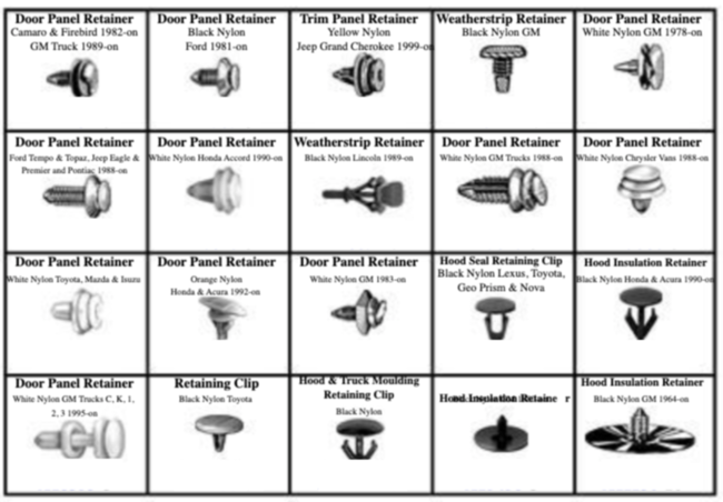 WEATHERSTRIP RETAINERS, HOOD INSULATION & DOOR PANEL CLIPS